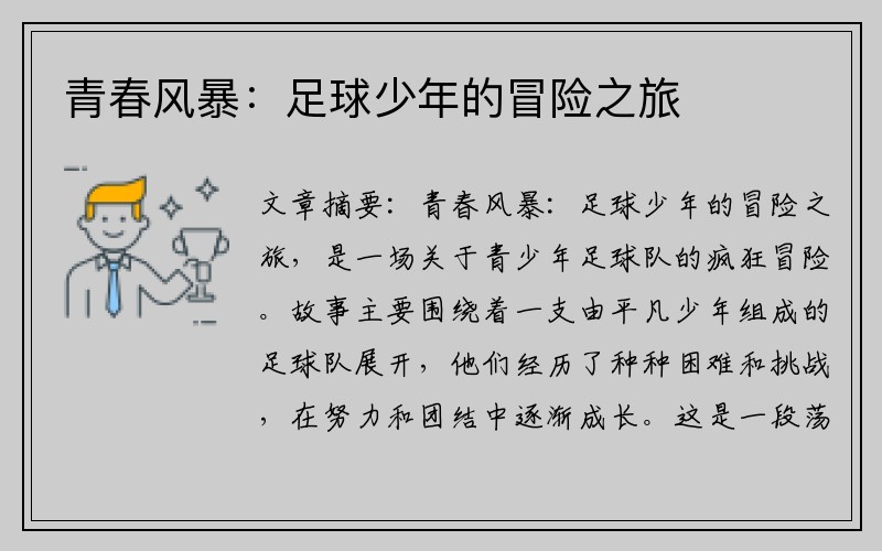 青春风暴：足球少年的冒险之旅