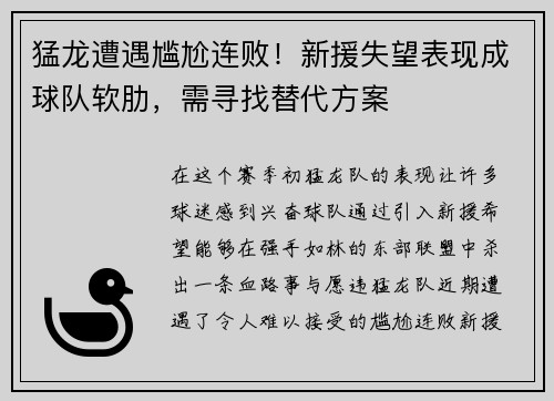 猛龙遭遇尴尬连败！新援失望表现成球队软肋，需寻找替代方案